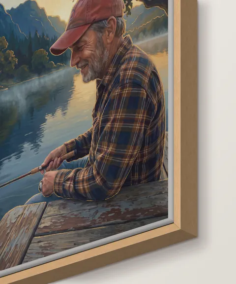 The bottom-right corner of a framed canvas print in a natural wood frame, up close: a smiling man in a red cap fishing from a dock on a misty lake, the white canvas sides, and the deep frame.