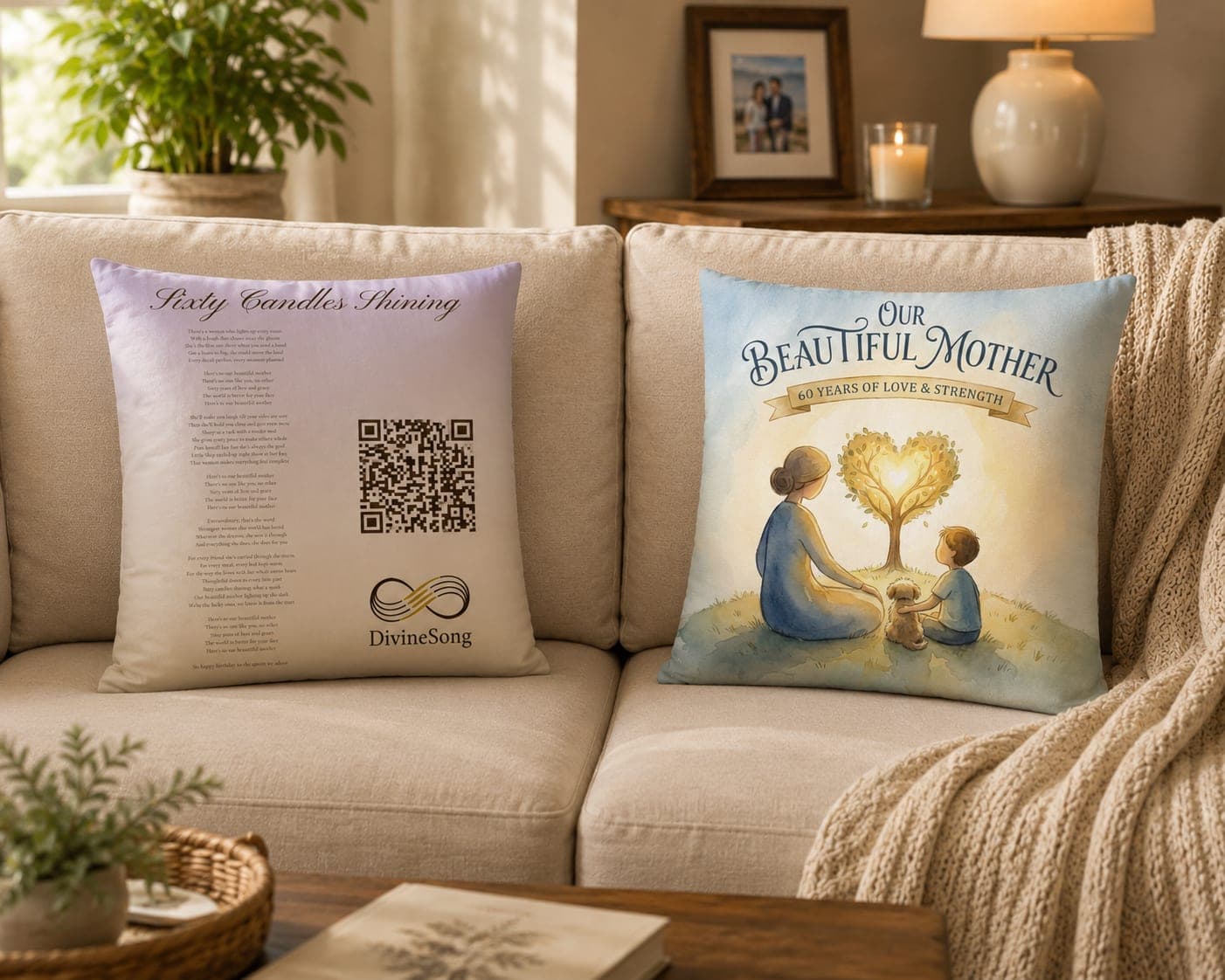 Two matching pillows on a sunlit sofa: the printed lyrics and QR code on one, the album art on the other.